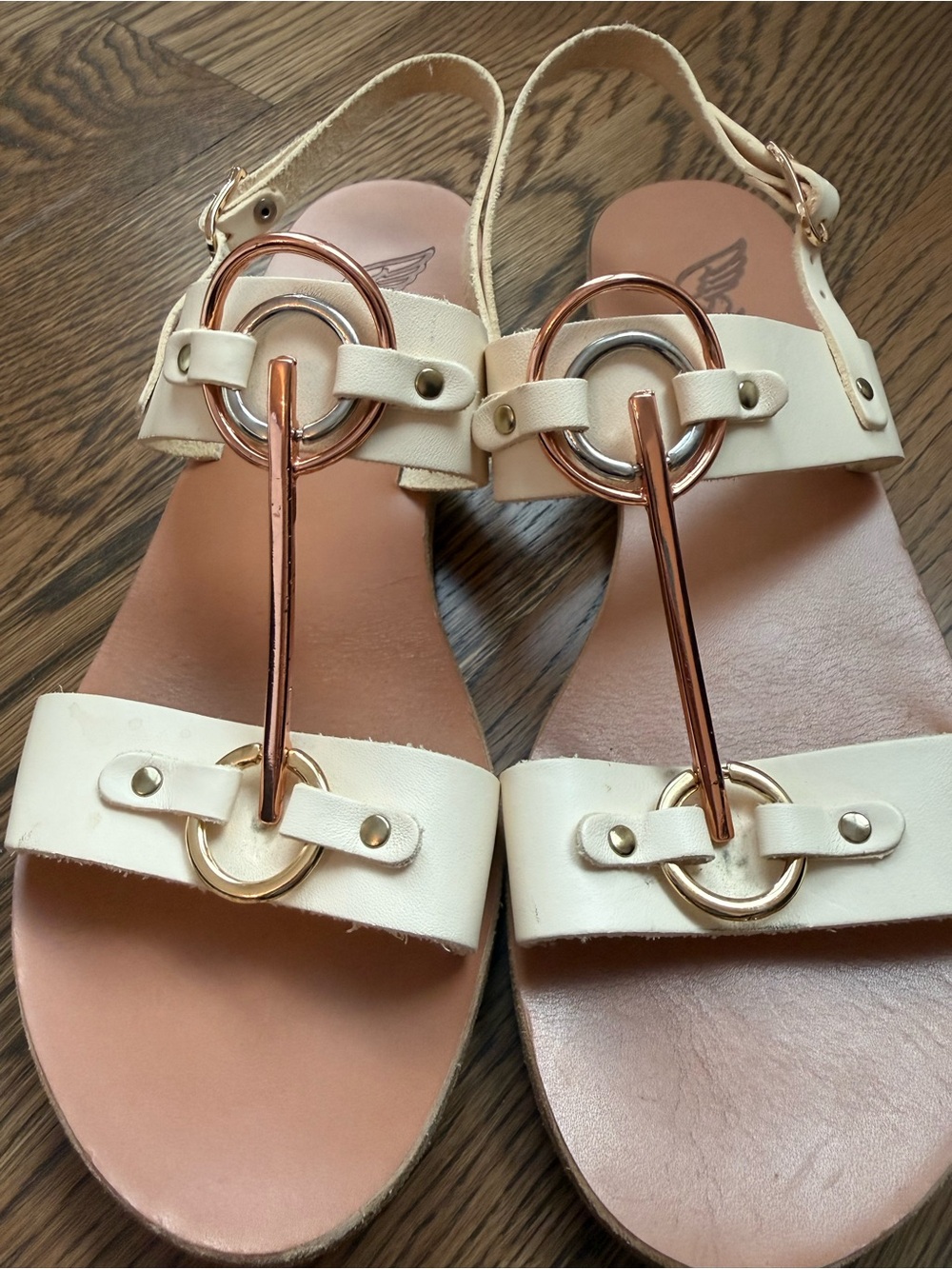 Ancient Greek Sandals Cream and Rose Gold Ring-Detail Slingbacks